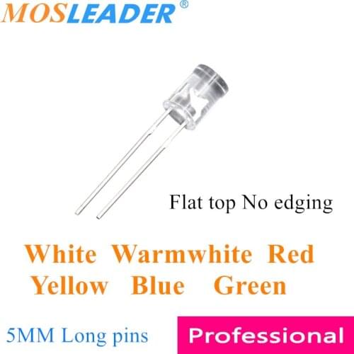 Mosleader 1000pcs 5MM Flat top LED No edging White Warmwhite Red Yellow Blue Green F5 Long pins Transparent Top flat No frame