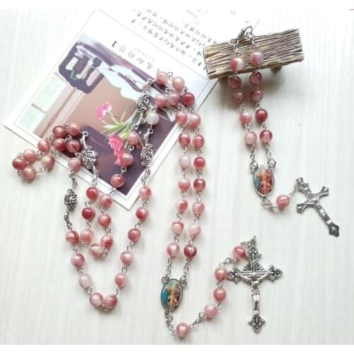 QIGO Red Acrylic Vintage Cross Rosary Necklace Bracelet Set Long Religous Jewelry Sets For Men Women