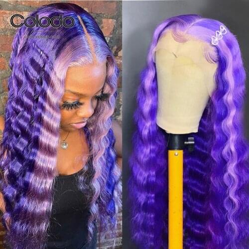 COLODO Remy Brazilian Green Blonde Preplucked Lace Front Wigs Glueless Purple Highlight Deep Wave Ombre Human Hair Wig For Women
