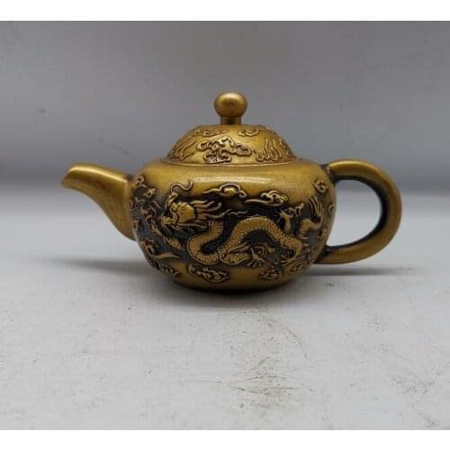 OLD COLLECTION ANCIENT TIBETAN BRASS CHINESE HAND GRAVING DRAGON TEAPOT