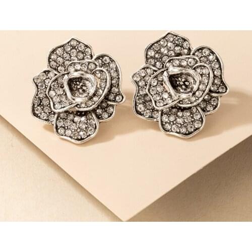 Tocona Luxury Crystal Stone Big Flowers Stud Earrings for Women Ancient Silver Color Alloy Metal Wedding Jewelry Серьги 17570