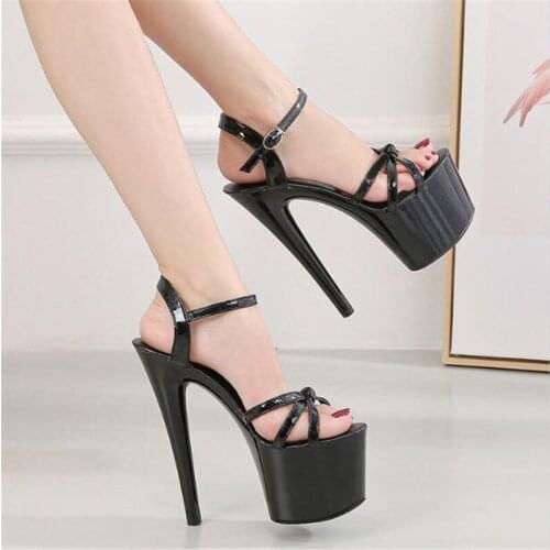 Walking Show 16.5CM Thin high-heeled Shoes Women Sandals Patent Leather Buckle Strap Open Toed waterproof platform womens shoes