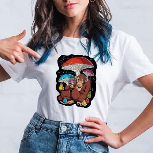 Magic Mushroom Women T-shirt Streetwear Versatile Harajcku White T-shirt Hipster Creative Baboon and Mushroom Printed Tshirt