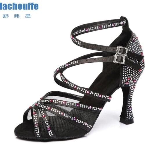 Women Rhinestone Latin Dance Shoes Black Red Dancing Shoes for Latino Shoes Girls Soft Bottom Teacher Party Dance Shoes EU33-43