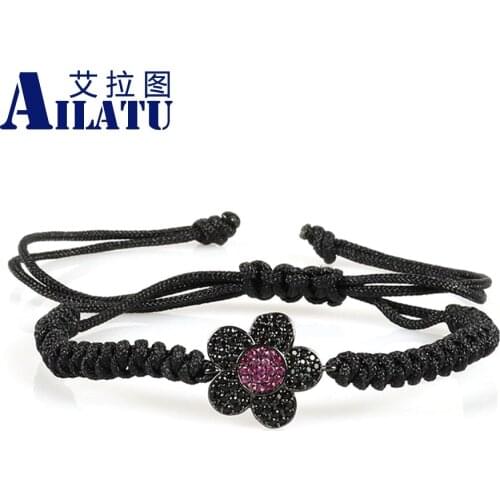 Ailatu New Fashion Jewelry Micro Pave Cz Flower Charm Braided Bracelet with Macrame for Women or Girls