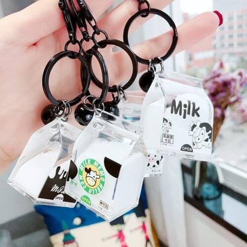 Creative Dairy Cow Milk Drinks Acrylic Keychain Fruit Milk Moving Liquid Key Chain Decompression Drift Bottle Jewelry Kids Gifts