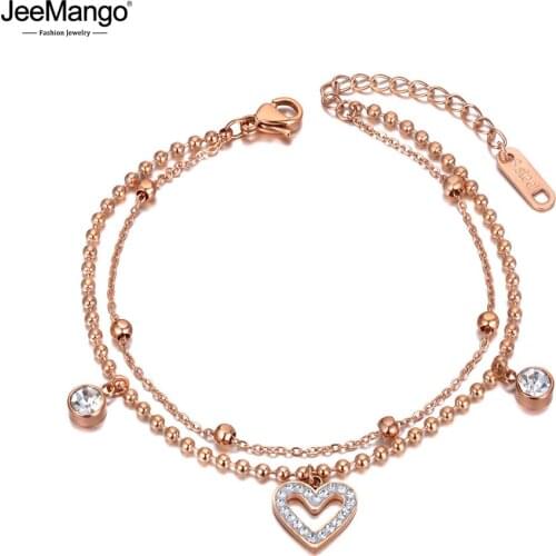 JeeMango Stainless Steel CZ Crystal Chain & Link Bracelets For Women Double Layer Bohemia Heart Charm Bracelet pulseras JB20158