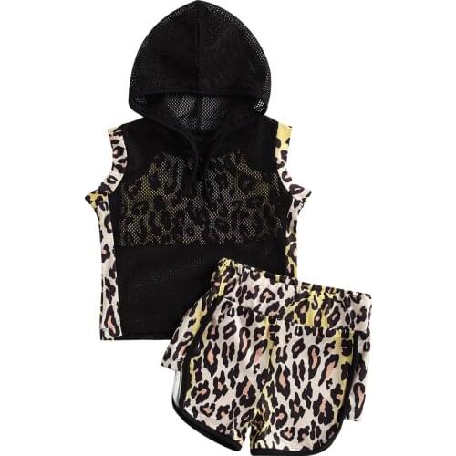 2021 Child Summer Clothing Girl Three Piece Leopard Set Fashion Leopard Suspender Tops, Mesh Hoodie and Short Pants