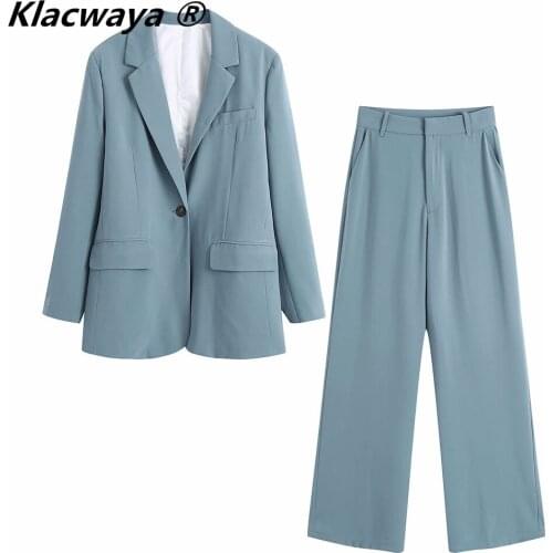 Klacwaya 2021 Women Fashion Two-Piece Set Navy Blue Vintage Single Button Blazer Female High Waist Wide Leg Trousers Ladie Suit