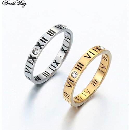 DarkMag Gold Silver Color Stainless Steel Ring Round Crystal Finger Ring Roman Numerals Rings Round Titanium Ring for Women Men
