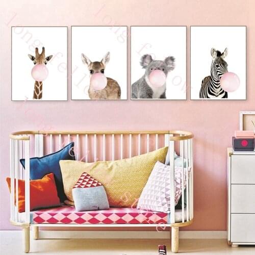4 Panel Oil Print Painting on Canvas, Wall Artwork Picutre Painting for Living Room Bedroom Decor - Animal Blow Bubble Gum