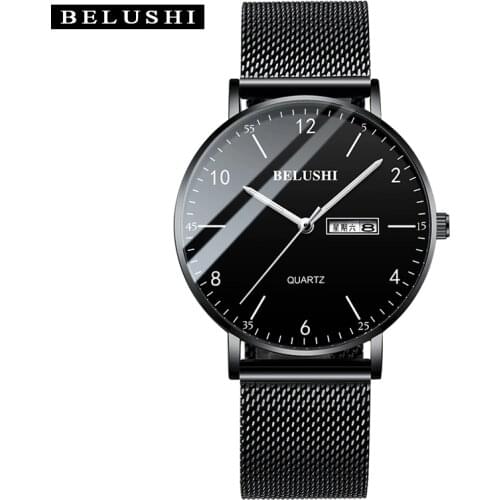 BELUSHI Top Luxury Brand Men Full Stainless Steel Mesh Strap Business Watches Mens Quartz Date Week Display Clock Wrist Watch