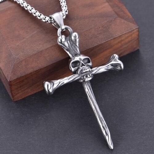 Vintage Skull Cross Pendant Necklace Stainless Steel Mens Silver Plated Fashion Jewelry Gift