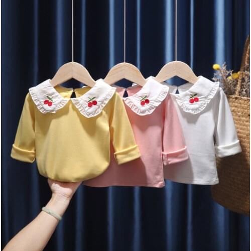 New Autumn Spring Kids Girls T-shirt Cute Long-sleeve Peter Pan Collar T Shirts Tee Tops For Toddler Baby Children Clothing