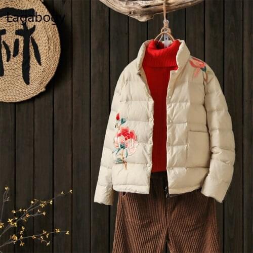 Lagabogy New Winter Women White Duck Down Coat Casual Light Warm Overcoat Female Embroidery Puffer Jacket Short Oversized Parkas