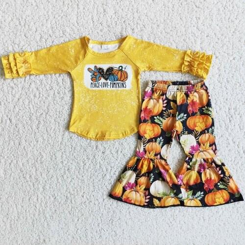 New Design Toddler Baby Girls Clothing Pumpkin Kids Boutique Clothing Bell Bottom Pants Halloween Children Clothes Set Wholesale