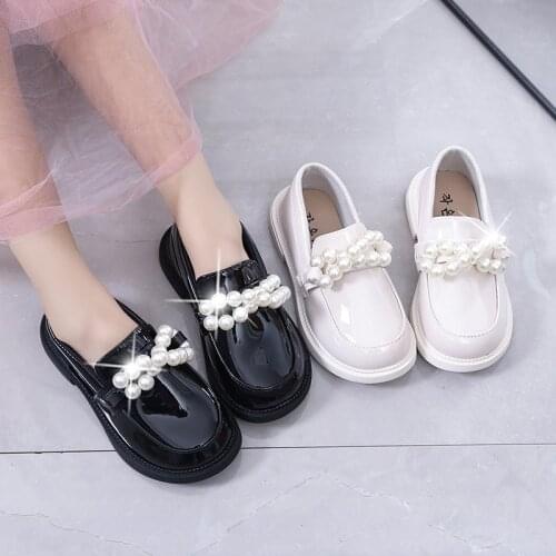 2021 Autumn Girls Shoes Children Leather Flats Black Patent Leather with Pearls Beaded Fashion Kids Shoes for Wedding Party Soft