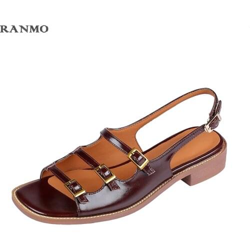 Summer New Style European and American Retro Leather Square Toe Flat Buckle Roman Sandals Womens Shoes Casual Comfortable Shoes