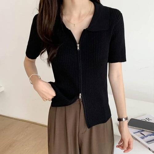 High Street Zipper Turn-Down Collar Knitted Tshirts Women Sexy Crop Tops Femme Slim T-Shirt Black Tee 2021 Summer Clothes