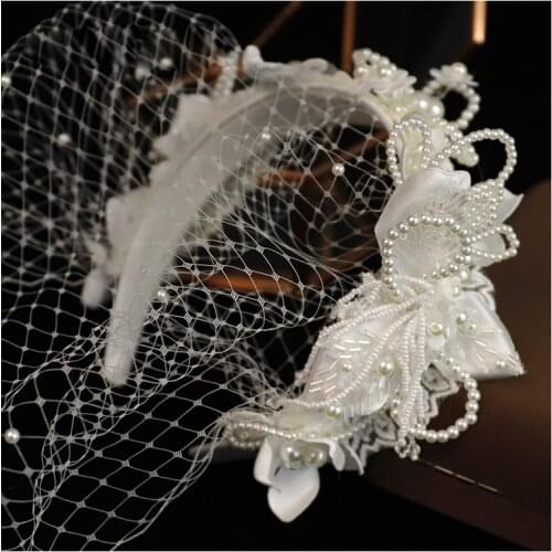 French Style Vintage Satin hairbands Tulle Dream Face Cover Bridal beaded headband wedding hair jewelry