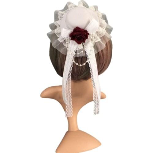 Japanese Lolita Vintage Small Top Hat Hairpin Ruffles Lace Ribbon Bow Aritificial Rose Flower Headdress Stage Performance D0LF