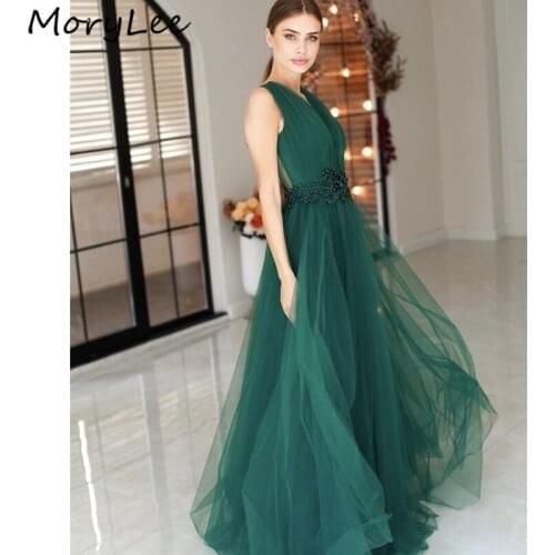 Green Evening Dresses V-Neck Sleeveless Sweep Train A-Line Soft Tulle Lace Crystal Evening Dresses vestidos de fiesta de noche