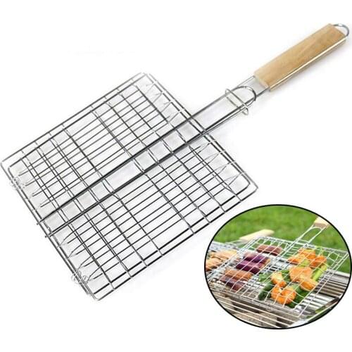 Iron Wire Hamburg Grilled Meat Fish Clip Barbecue Net Wooden Handle Basket BBQ Tools for Outdoor Camping Picnic Kitchen Gadgets