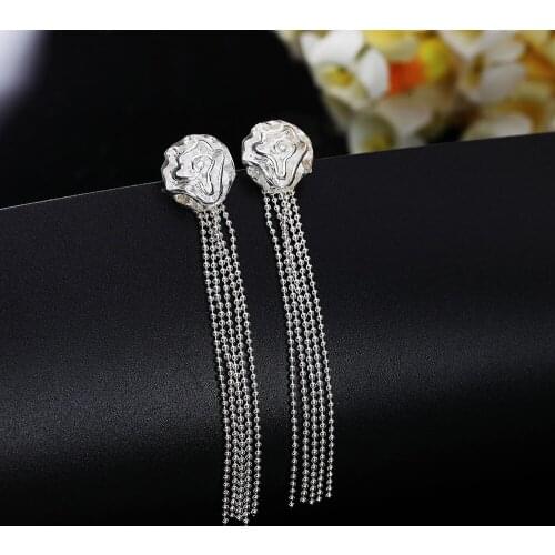 Elegant 925 Sterling Silver Fashion Pretty tassel Rose flower Earrings stud for Women Birthday Gifts Charm party Jewelry