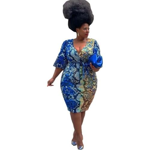 Wholesale Plus Size Clothing Snake Skin Printed Women Dresses Summer 2021 Spring Summer High Waist Bodycon Party Casual Dress