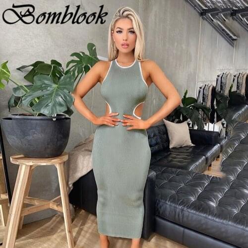Bomblook Casual Fashion Bodycon Dresses For Women 2021 Autumn Solid O-neck Sleeveless Cut Out Midi Dress Female Streetwears