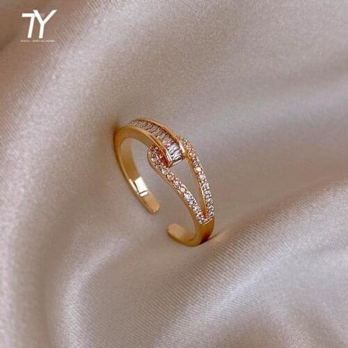 2021 New Temperament Zircon Geometric Buckle Gold Open Rings For Woman Fashion Girls Finger Jewelry Party Luxury Student Ring
