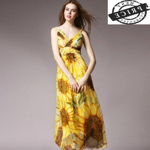 Real Silk Women Dress Beach Long Summer Dress Sexy Dresses Party Vestidos Print Sunflower Sleeveless Dresses 2021 LWL1a2a