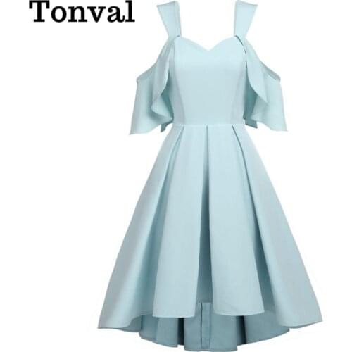 Tonval Vintage High Waist Cold Shoulder Elegant Tank Dresses for Women 2021 Party High Low Hem Pleated Midi Dress