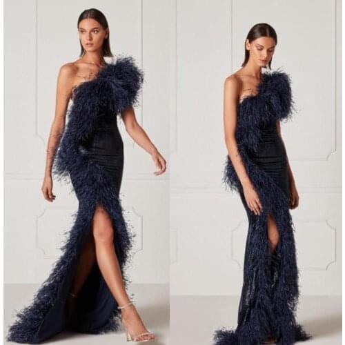 Winter Fur Mermaid Prom Dresses 2021 Sexy One Shoulder Evening Dress South African Women Ruched Formal Party Cheap Gowns