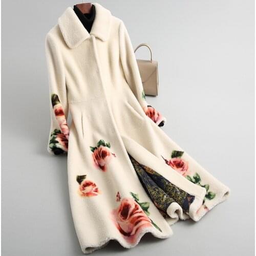 Winter Womens Wool Jacket Long Print Floral Flower Overcoat Spring New High Quality Fashion Thick Warm Fur Sheep Shearing Coat