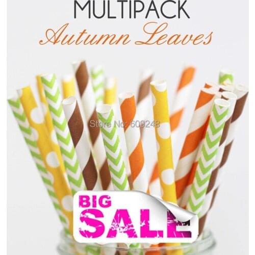 150pcs Mixed Colors AUTUMN LEAVES Fall Themed Paper Drinking Straws, Orange Brown Striped and Lime Green Chevron
