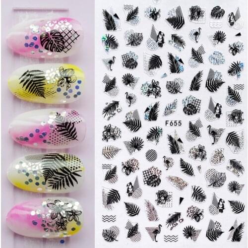 3D Stickers for Nails Laser Black Silver Leaf Nail Sticker Foil Cool Nail Art Decorations Manicure Decoraciones accesoires