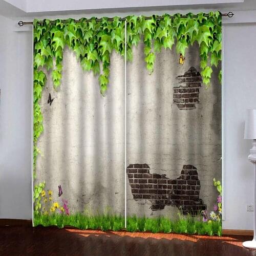 3D Shabby wall with green leaves Windows Curtains for Living Room Bedroom Decorative Kitchen Curtain Rustic Style