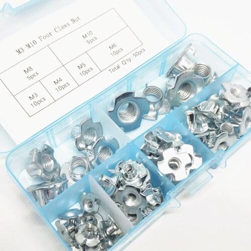 50pcs/set T-nut Four Claw Nuts Kits Zinc plated M3 M4 M5 M6 M8 M10 M12 Speaker Nut T-nut Blind Pronged Tee Nut