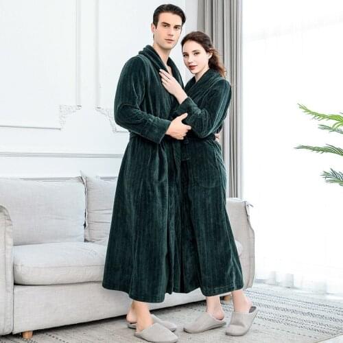 Lovers Extra Long Plus Size Winter Warm Flannel Coral Fleece Bath Robe Men Women Knitted Waffle Kimono Bathrobe Dressing Gown
