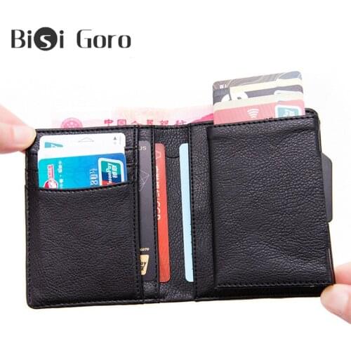 BISI GORO 2020 Men Wallets RFID Wallets High Quality PU Leather Aluminum Box Multifunctional Pop Up Business Card Wallet