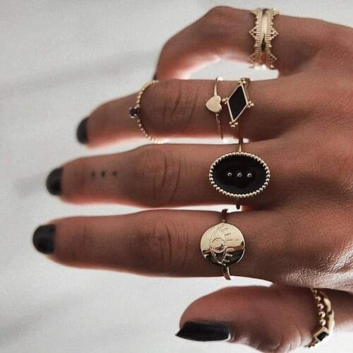 Black Color Oval Round Card Rings For Wowen Simple Eye Little Heart Hand Ring 2021 Trend Girl Bohemia Fashion Anillos Jewelry