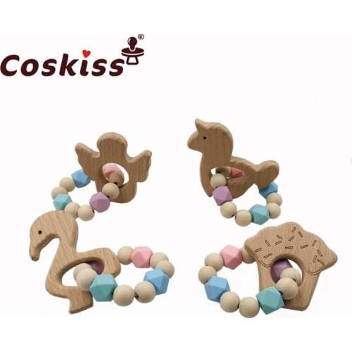 Baby Teether Bracelet Beech Wooden Animal Natural Teething Grasping Toy Silicone Bead Toddler Teether Newborn DIY Baby Gift