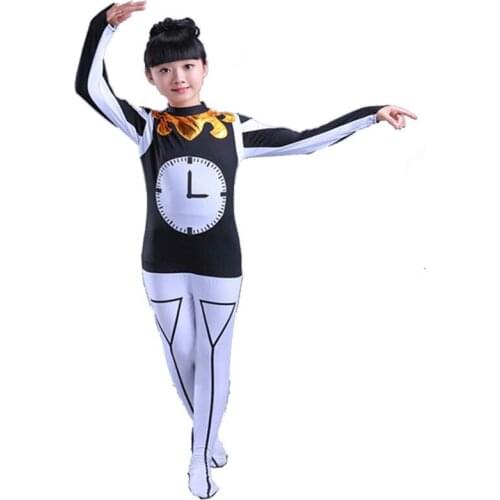 Kid girl time clock costume cosplay watch dance costume black white jumpsuit for children stage performance