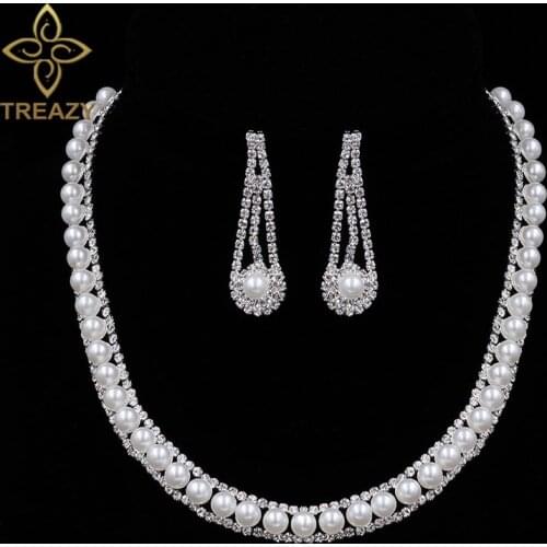TREAZY Elegant Pearls Crystal Bridal Wedding Jewelry Sets African Jewelry Sets Choker Necklace and Earrings Set Party Gifts