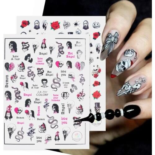 Halloween Series Nails Stickers Terror Gothic Style Skull Ghost Snake Decals 3D Adhesive Sliders Manicure Decoration LECA725-732
