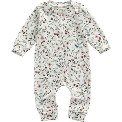 Toddler Kids Baby Girls Floral Printed Romper Long Sleeve Buttoned Round Neck Jumpsuit Autumn Cotton Clothing