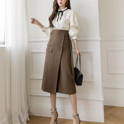 Limiguyue Autumn Irregular Women Skirts Office Elegant Jupe Slim Mid-Length Skirt Chic Single-breasted High Waist Skirt K2677