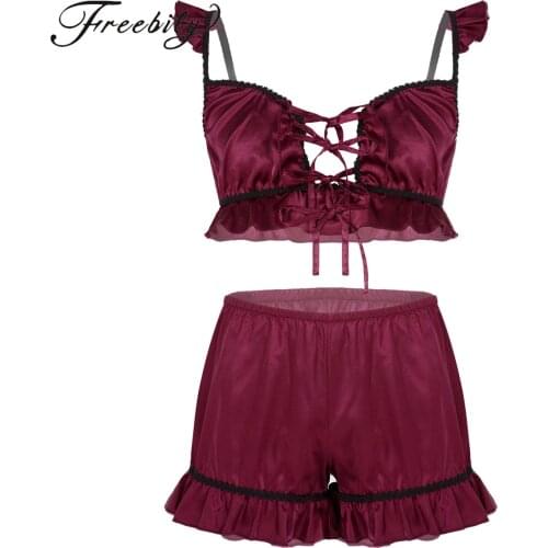 Mens Sissy Satin Sleepwear Set Erotic Crop Top with Shorts Nightwear Lingerie Set