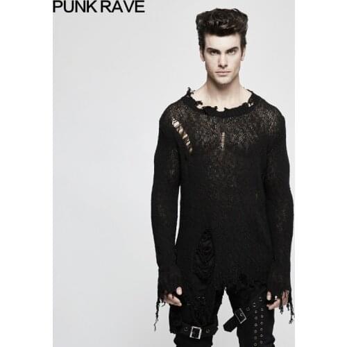 PUNK RAVE Mens Punk Broken Hole Pullovers Gothic Casual Personality Loose Cosplay Dark Visual Kei Men Sweater
